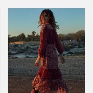 ba&sh Red Ruffled Tiered Sundress with Bishop Sleeves